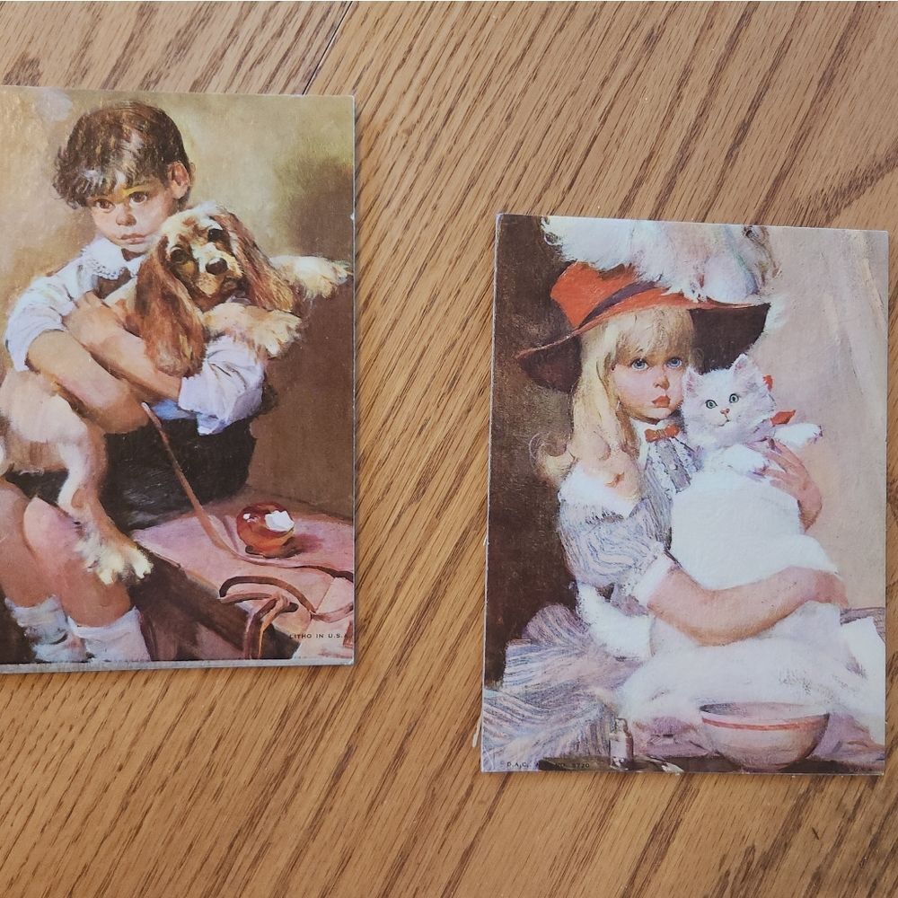 N25 Two Victorian unframed 5 x 7 prints Boy w/dog & girl w/white Persian cat